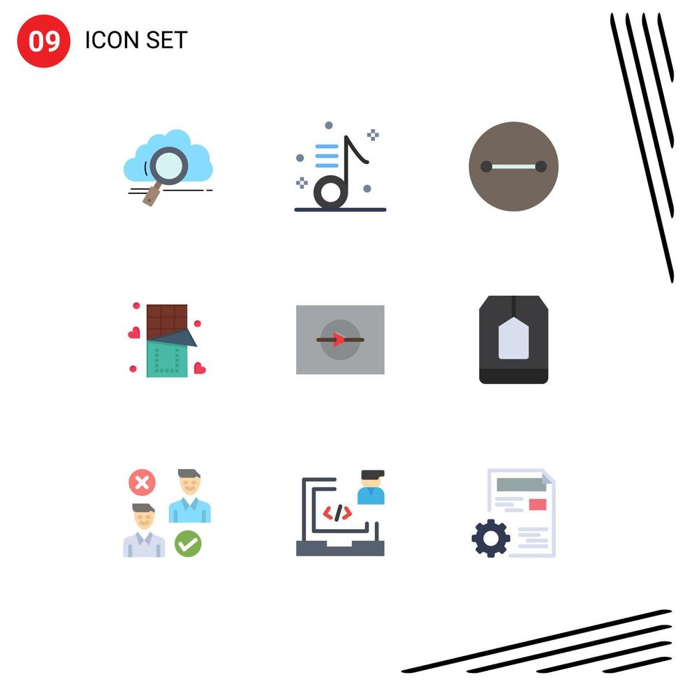9 flaches Farbpaket der Benutzeroberfläche mit modernen Zeichen und Symbolen von Video-Essensnotiz-Liebessymbolen editierbare Vektordesign-Elemente vektor