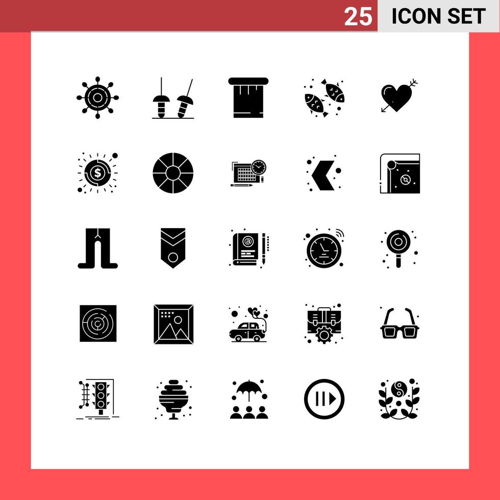 Stock Vector Icon Pack mit 25 Linienzeichen und Symbolen für Valentinstagswerkzeuge Pfeil Ernährung editierbare Vektordesign-Elemente