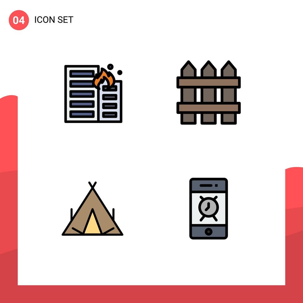 Gruppe von 4 modernen Filledline-Flachfarben, die für das Brennen von Camp House Home Wigwam editierbare Vektordesign-Elemente eingestellt werden vektor