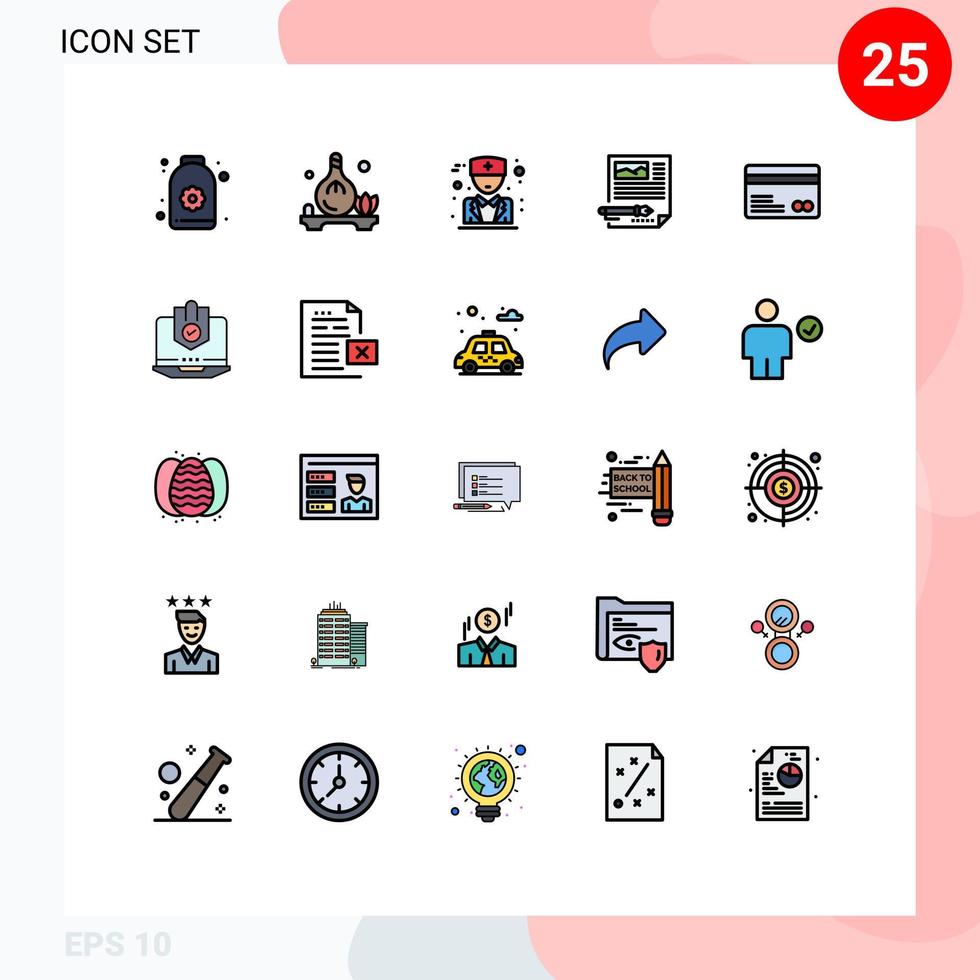 25 universell fylld linje platt färger uppsättning för webb och mobil tillämpningar kreditera kort penna läkare dokumentera artikel redigerbar vektor design element