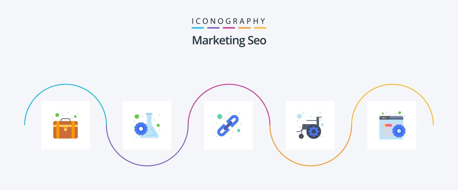 marknadsföring seo platt 5 ikon packa Inklusive konfigurera. bekvämlighet. länk. kugghjul. tillgänglighet vektor