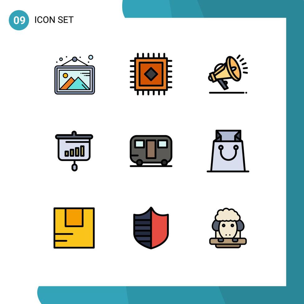 9 universelle Filledline-Flachfarben für Web- und mobile Anwendungen, bearbeitbare Vektordesign-Elemente für Wagen, Anhänger, Lautsprecher, Wohnwageninformationen vektor