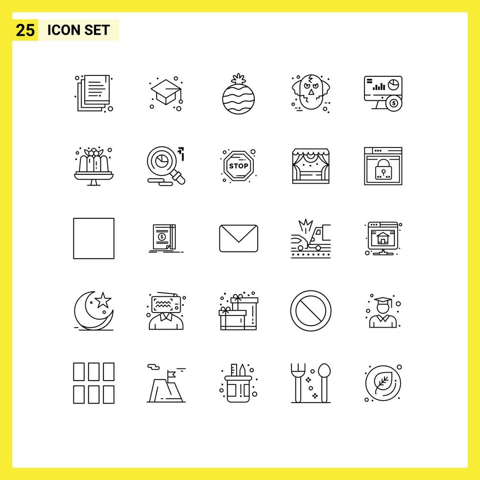 Line Pack mit 25 universellen Symbolen für Investitionen Online Ananas Monitor Ware Wolf editierbare Vektordesign-Elemente vektor