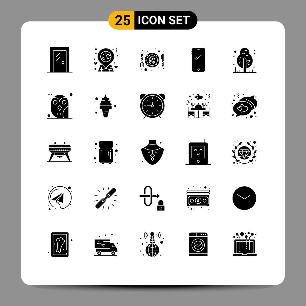 25 universelle solide Glyphen für Web- und mobile Anwendungen, die bearbeitbare Vektordesign-Elemente für Camping-Android-Ei-Handys festlegen vektor
