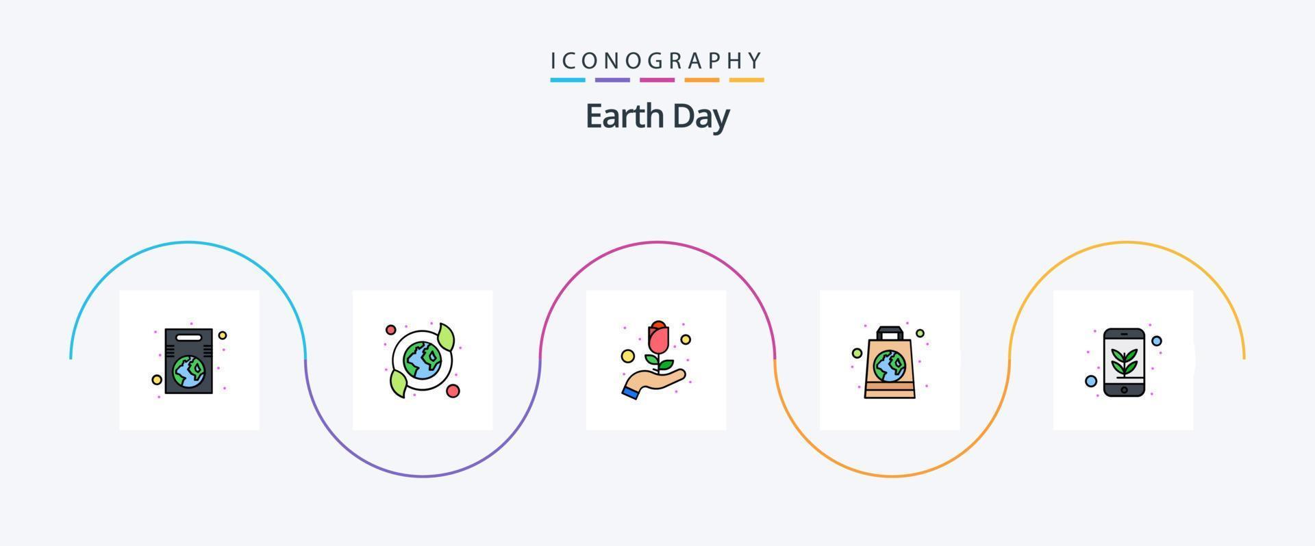 Earth Day Line gefüllt Flat 5 Icon Pack inklusive Ökologie. recycelt. recycelt. Öko. Blume vektor