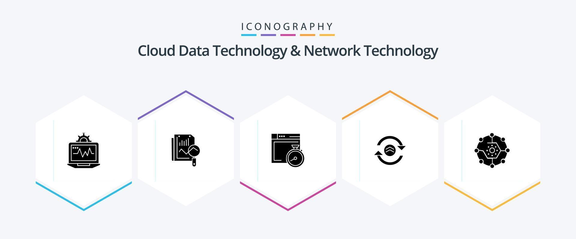 Cloud-Datentechnologie und Netzwerktechnologie 25-Glyphen-Icon-Pack einschließlich Computing-Anteil. Rechnen. Datei . neu laden. Pfeil vektor