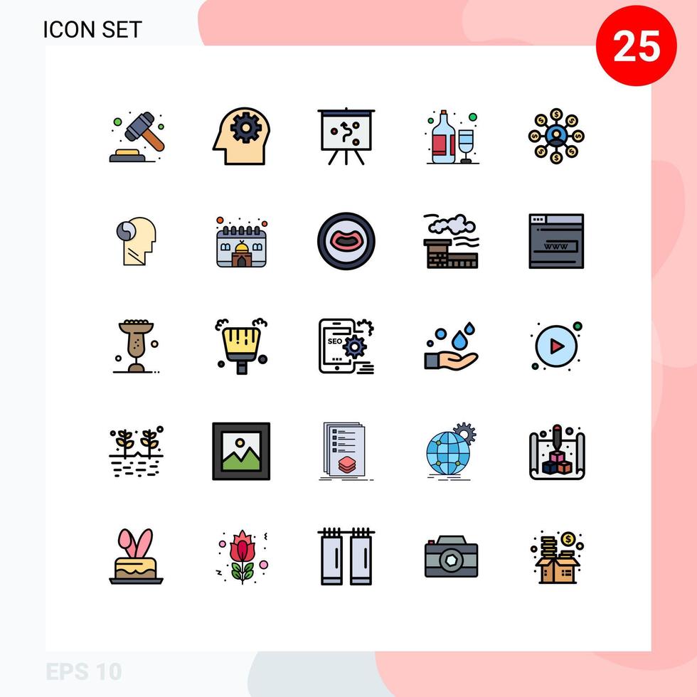 25 universell fylld linje platt färger uppsättning för webb och mobil tillämpningar kedja pengar förvaltning användare vin redigerbar vektor design element