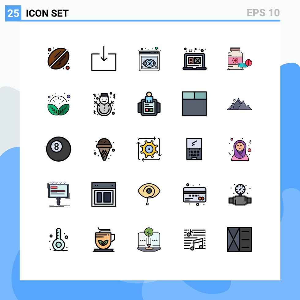 mobile schnittstelle gefüllt linie flache farbe satz von 25 piktogrammen von drogenpillenansicht medizin grafik editierbare vektordesignelemente vektor