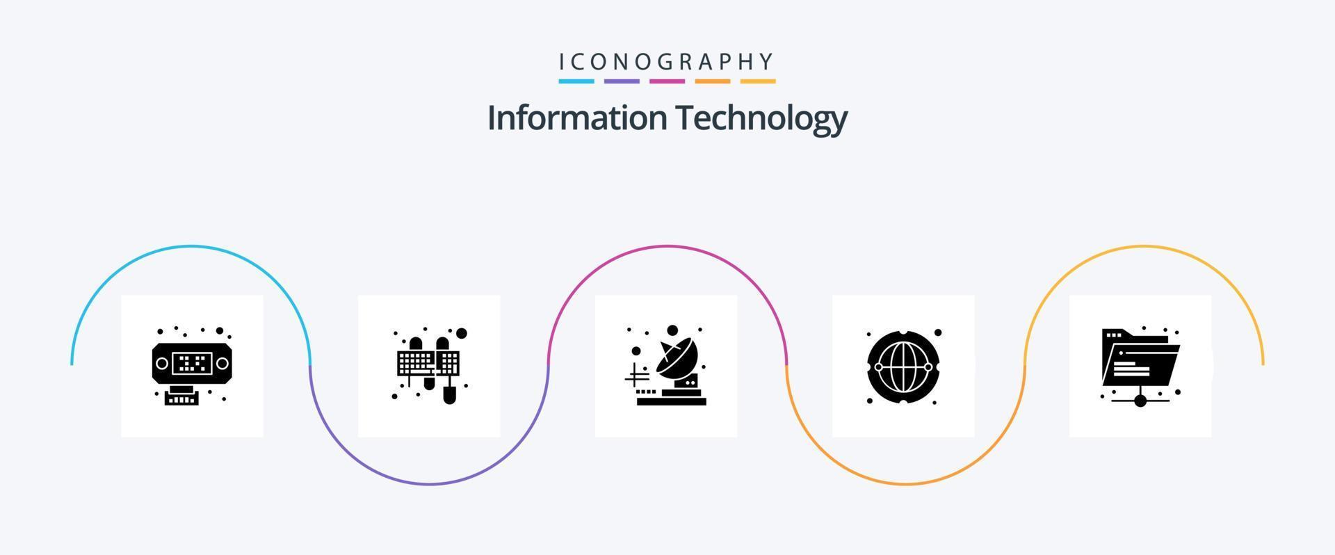 information teknologi glyf 5 ikon packa Inklusive delad. internet. telekommunikation. mapp. nätverk vektor