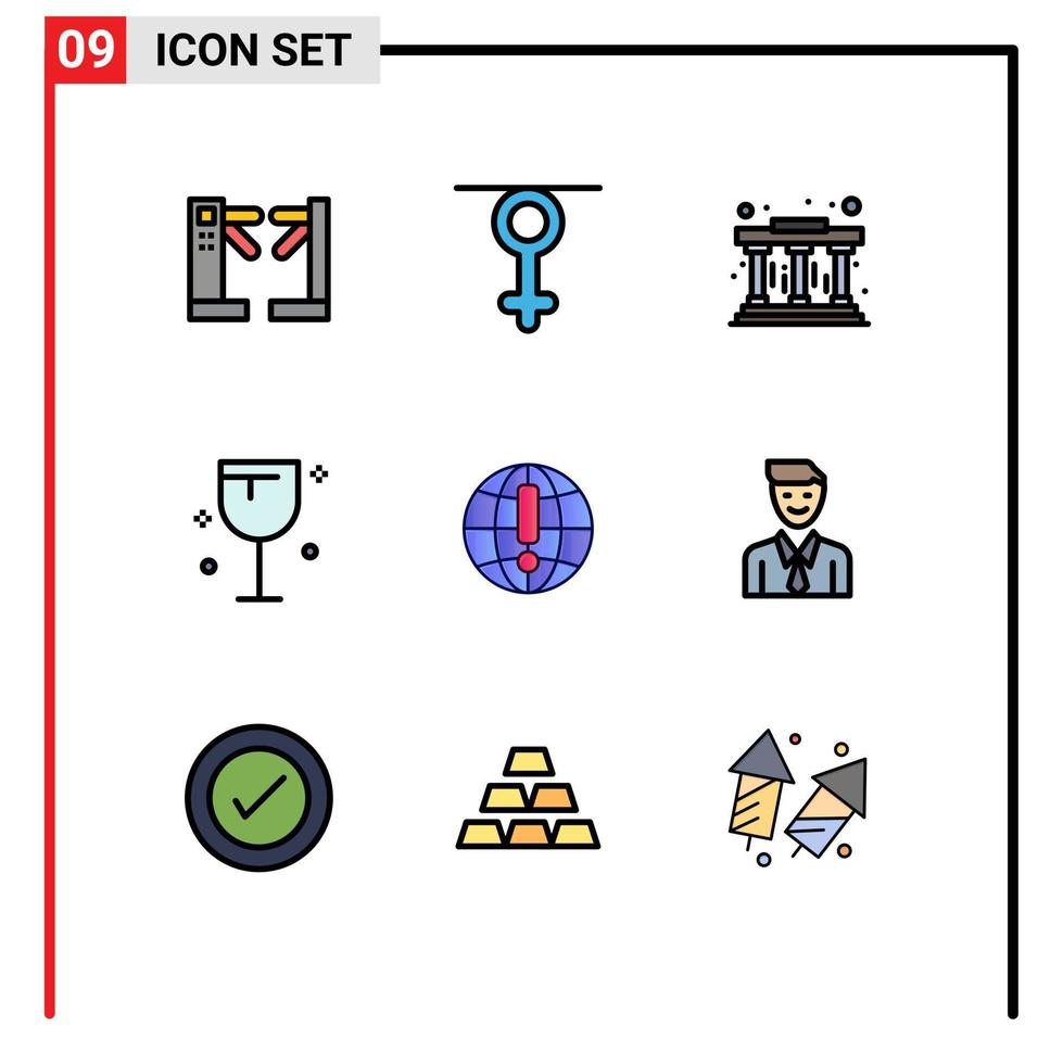 moderner Satz von 9 gefüllten flachen Farben Piktogramm von Browser Globus Museum Wein Essen editierbare Vektordesign-Elemente vektor