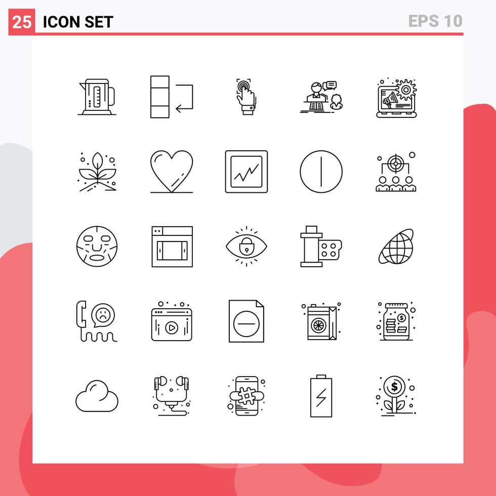 Stock Vector Icon Pack mit 25 Zeilenzeichen und Symbolen für Support-Antwort-Identitäts-Chat-Scannen editierbarer Vektordesign-Elemente