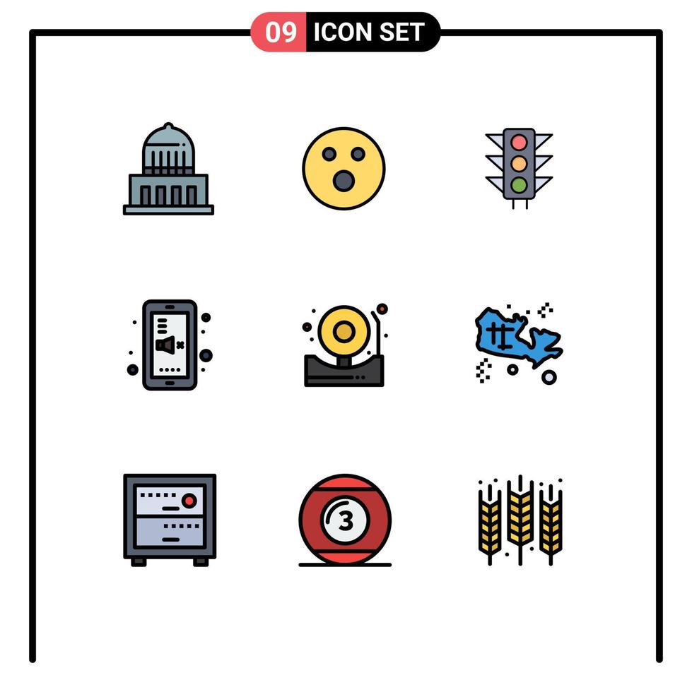 Gruppe von 9 modernen Filledline-Flachfarben, die für die Alarmstummschaltung des Verkehrstelefons zurück zur Schule editierbare Vektordesign-Elemente eingestellt werden vektor