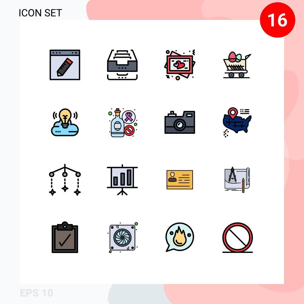 Piktogramm-Set aus 16 einfachen, flachen, farbgefüllten Linien von Einkaufswagen-Dokumentenwagen lieben editierbare kreative Vektordesign-Elemente vektor