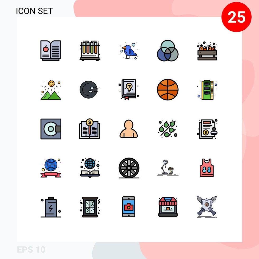 grupp av 25 fylld linje platt färger tecken och symboler för solnedgång vegetabiliska vild mataffär matvaror redigerbar vektor design element