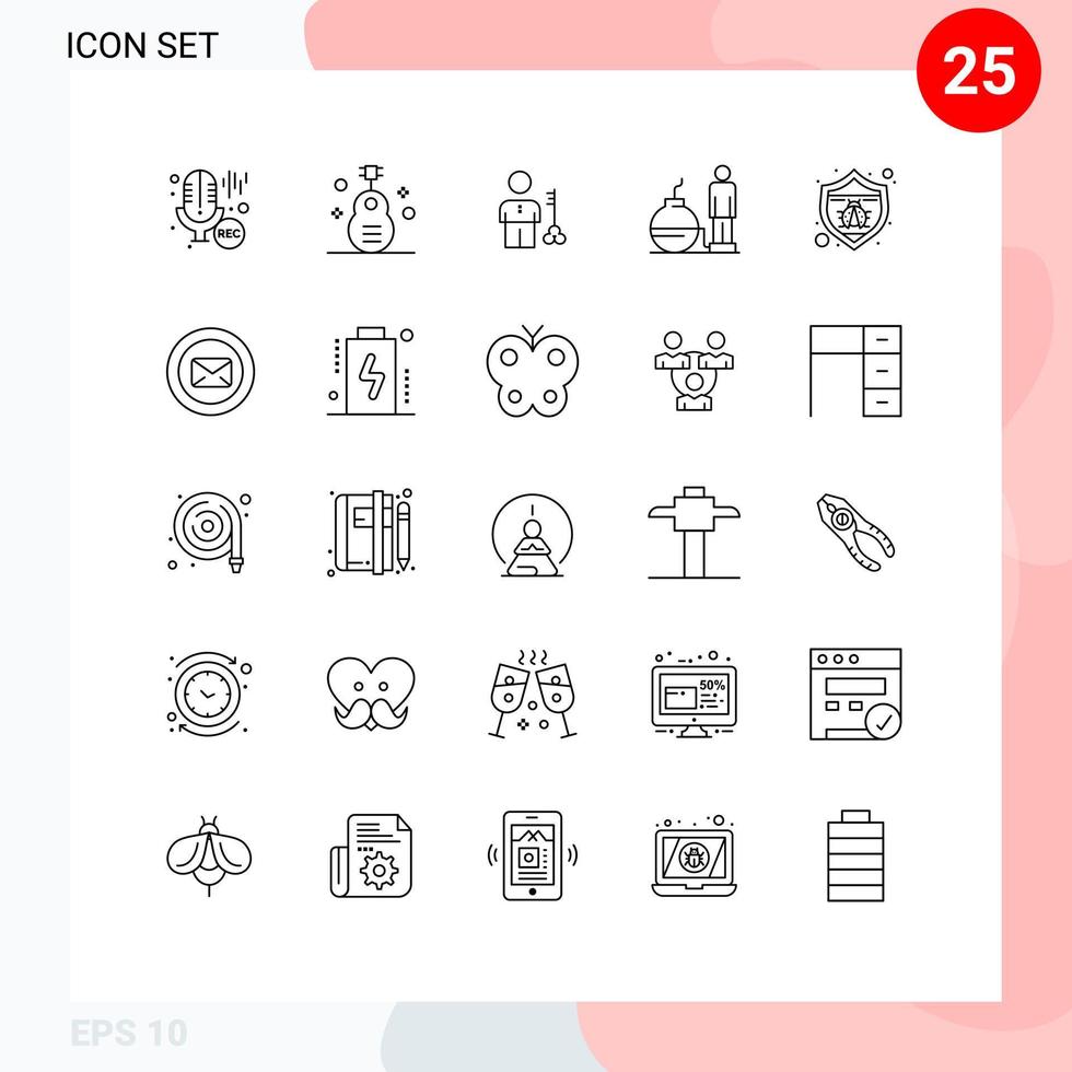 Stock Vector Icon Pack mit 25 Zeilen Zeichen und Symbolen für Schuldsicherheit Musikanbieter Mann editierbare Vektordesign-Elemente