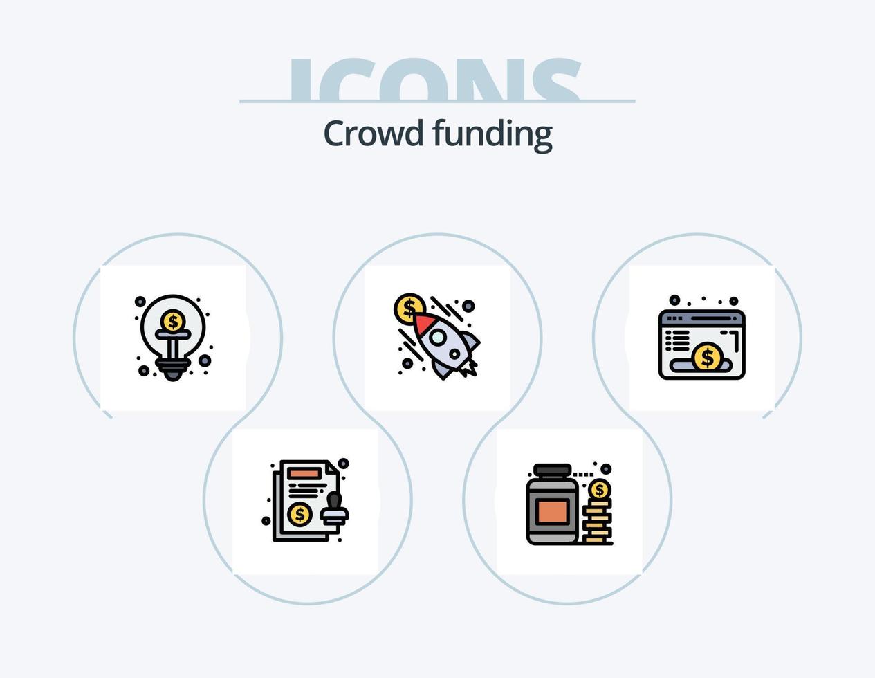 crowdfunding linje fylld ikon packa 5 ikon design. media spelare. pengar. imac. kontanter. finansiera vektor
