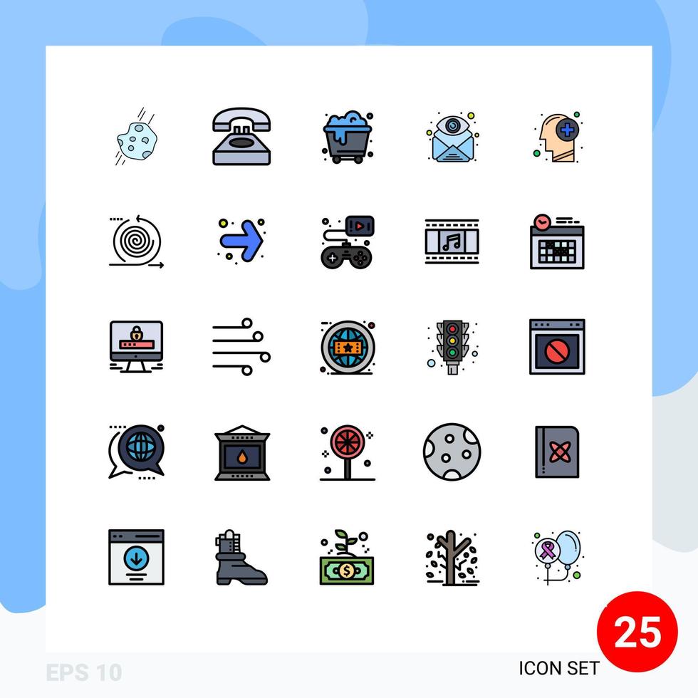 Satz von 25 vektorgefüllten Linien-Flachfarben auf Raster für die Ansicht Auge kontaktieren Sie uns E-Mail-Abfall editierbare Vektordesign-Elemente vektor