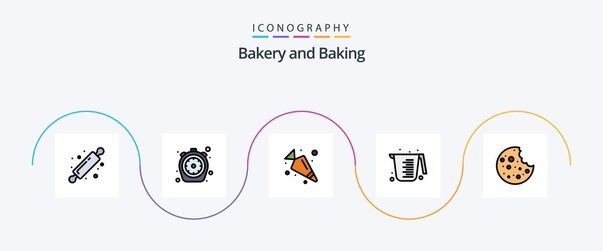 bakning linje fylld platt 5 ikon packa Inklusive korv. mätning. timer. kanna. bakning vektor