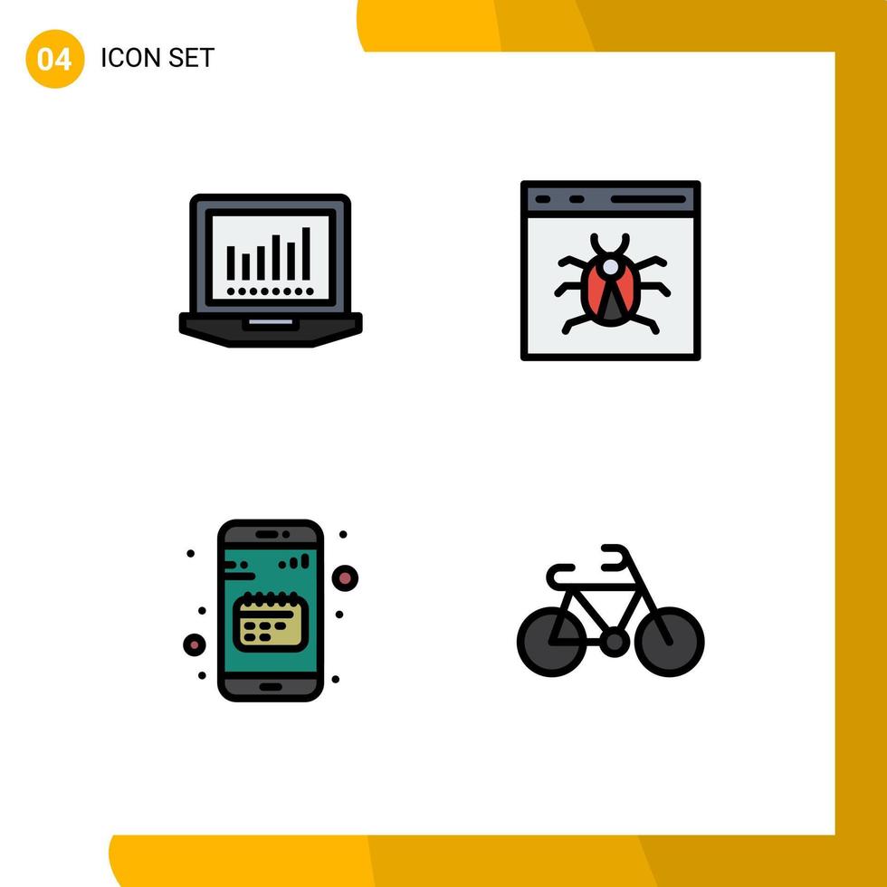 mobil gränssnitt fylld linje platt Färg uppsättning av 4 piktogram av bärbar dator app app utveckla datum redigerbar vektor design element