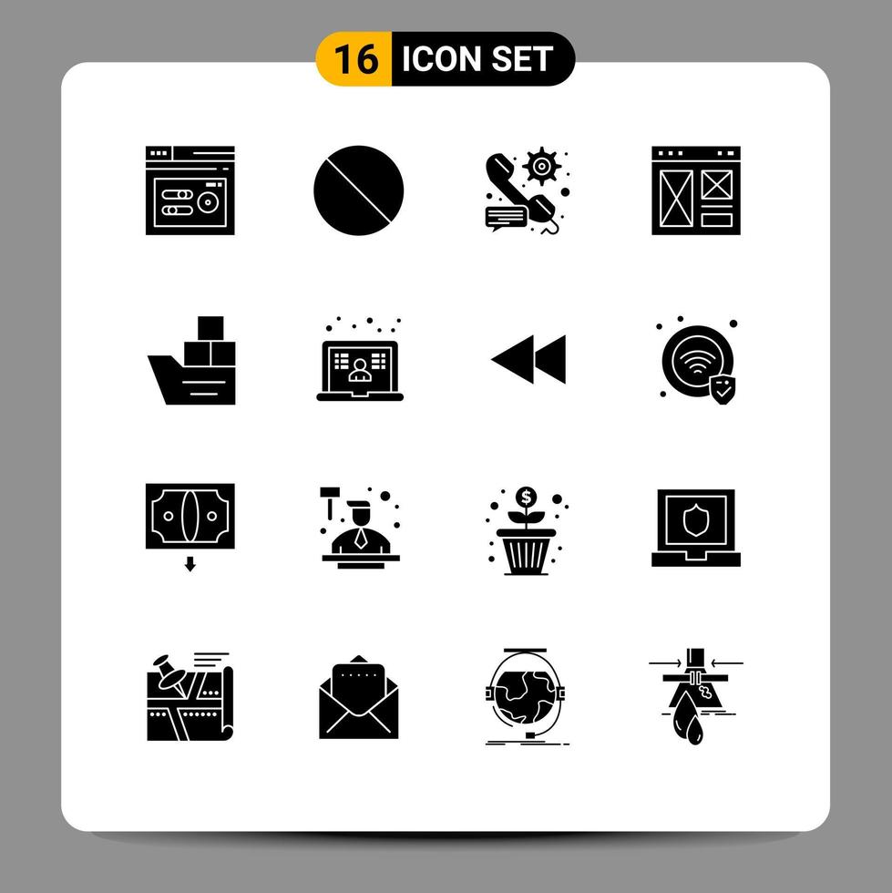 modern uppsättning av 16 fast glyfer pictograph av låda sida redskap internet browser redigerbar vektor design element