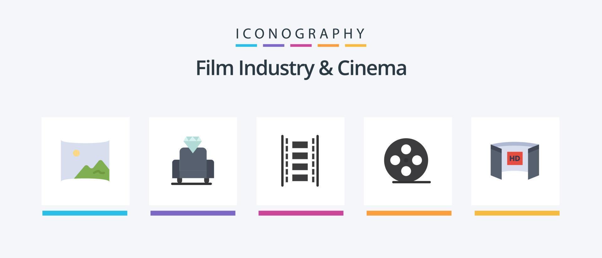 Cenima Flat 5 Icon Pack inklusive Bildschirm. Kinematographie. Film. Multimedia. Filmrolle. kreatives Symboldesign vektor