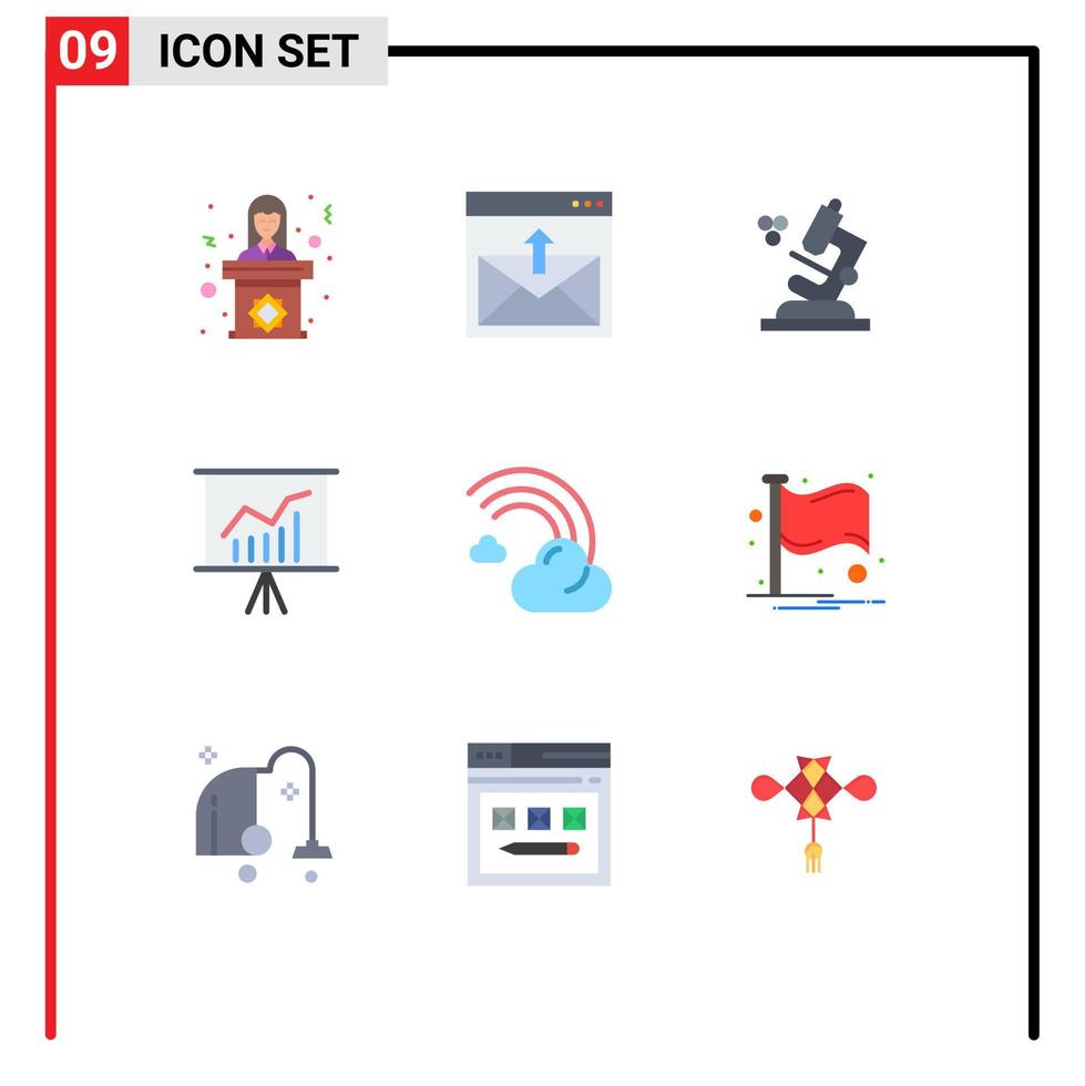 9 universell platt färger uppsättning för webb och mobil tillämpningar moln kontor e-post möte vetenskap redigerbar vektor design element