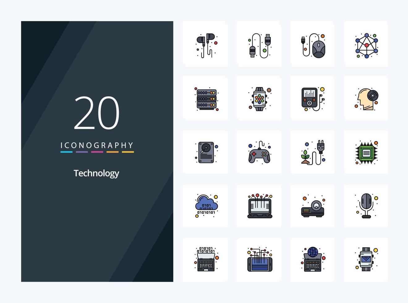 20 teknologi linje fylld ikon för presentation vektor