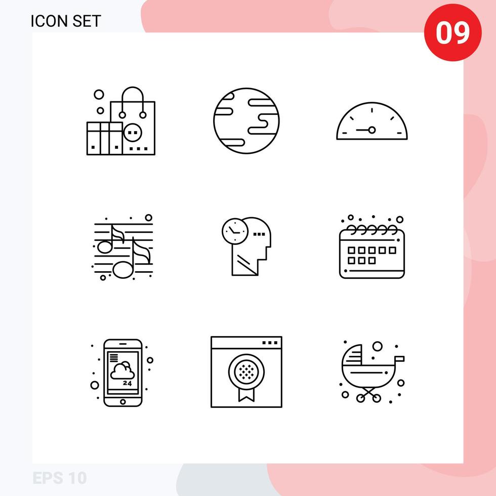 universelle Symbolsymbole Gruppe von 9 modernen Umrissen von editierbaren Vektordesign-Elementen der Kopf-Geist-Messzeit-Party vektor