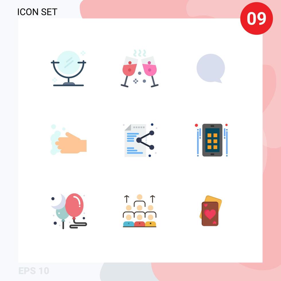 flaches Farbpaket mit 9 universellen Symbolen für Marketinganwendungen Reinigungsdokument teilen editierbare Vektordesign-Elemente vektor