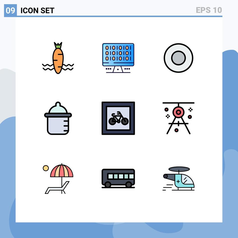 9 thematische Vektor-Fülllinien-Flachfarben und bearbeitbare Symbole für bearbeitbare Vektordesign-Elemente für den Transport, Parkschale, Autoflasche vektor