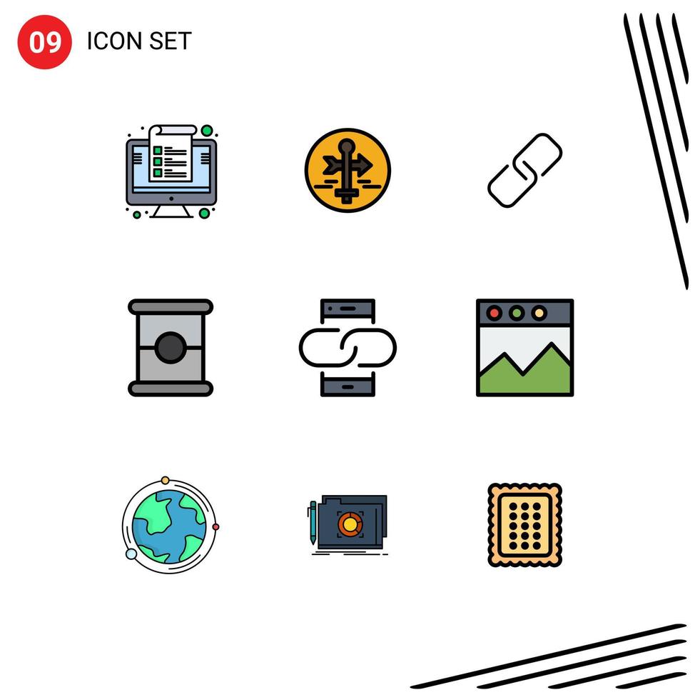 Mobile Schnittstelle Filledline Flat Color Set aus 9 Piktogrammen von Kontaktkonserven Kartenzeiger Food Pin editierbare Vektordesign-Elemente vektor