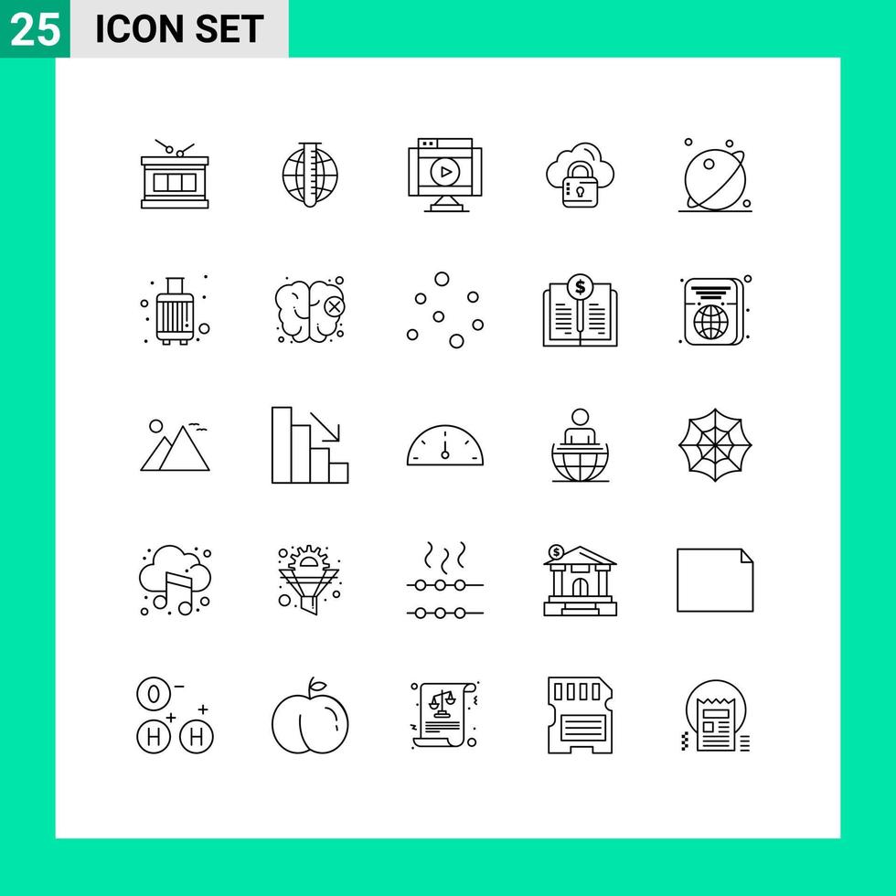 25 universelle Linienzeichen Symbole für editierbare Vektordesign-Elemente des Loucked-Netzwerkforschungs-Cloud-Players vektor