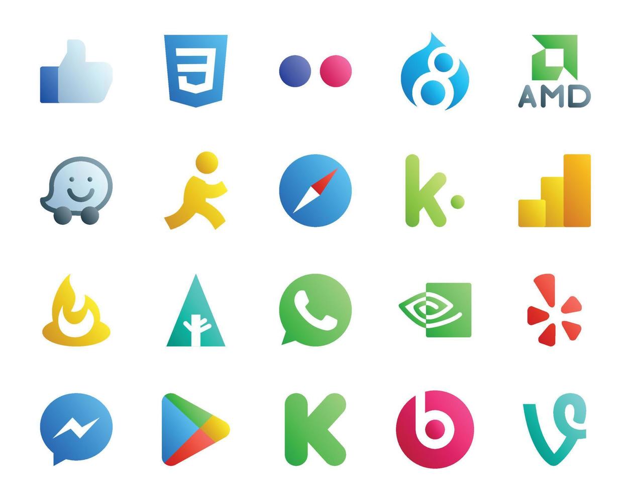 20 Social Media Icon Pack inklusive Google Play Yelp Browser NVIDIA Forrst vektor