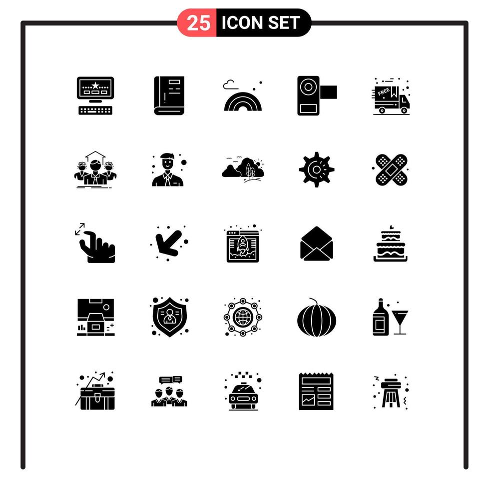 Stock Vector Icon Pack mit 25 Linienzeichen und Symbolen für Black Friday Film Natur Medien Kamera editierbare Vektordesign-Elemente