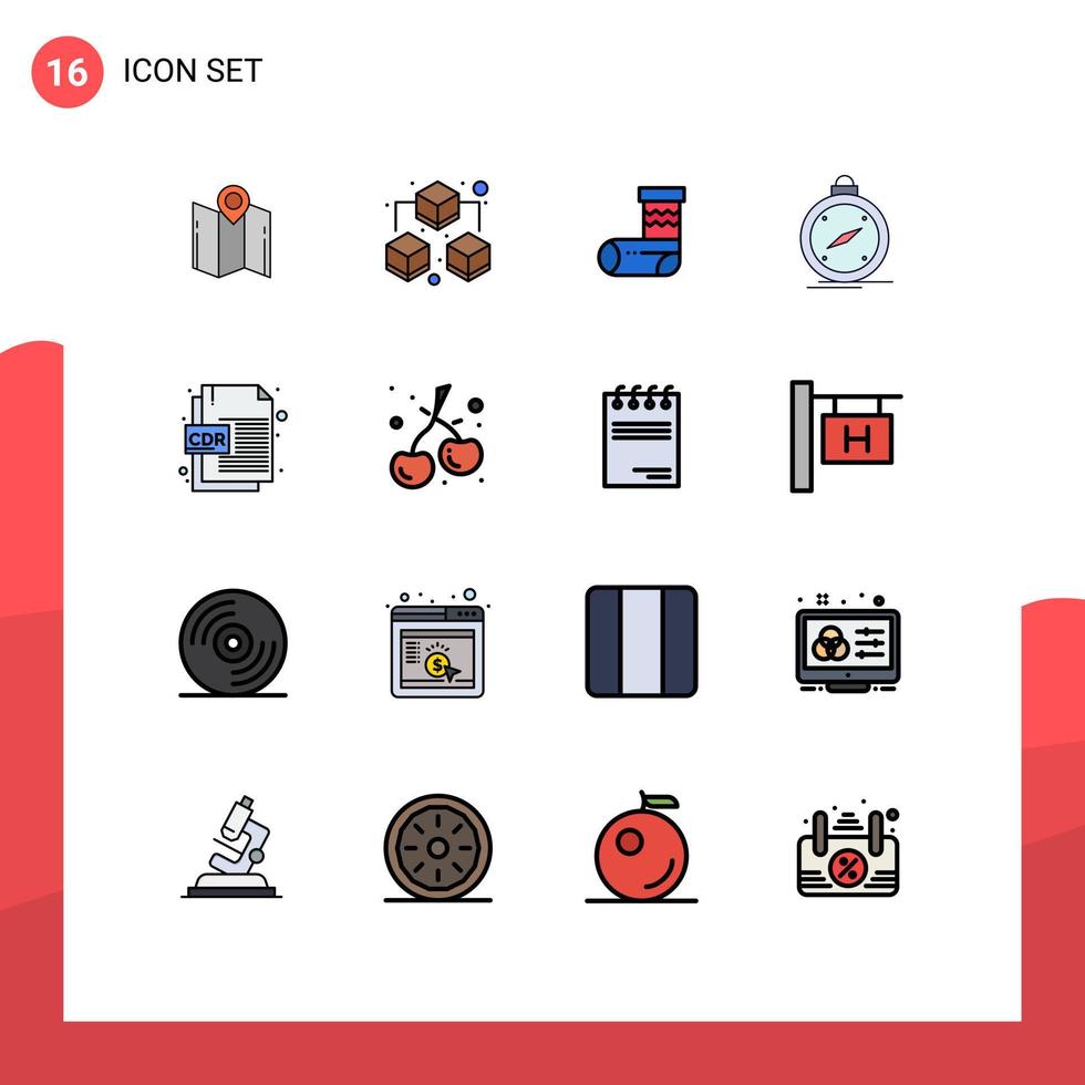 gruppe von 16 flachen farbgefüllten linien zeichen und symbole für cdr-datei gps feier navigation kompass editierbare kreative vektordesignelemente vektor
