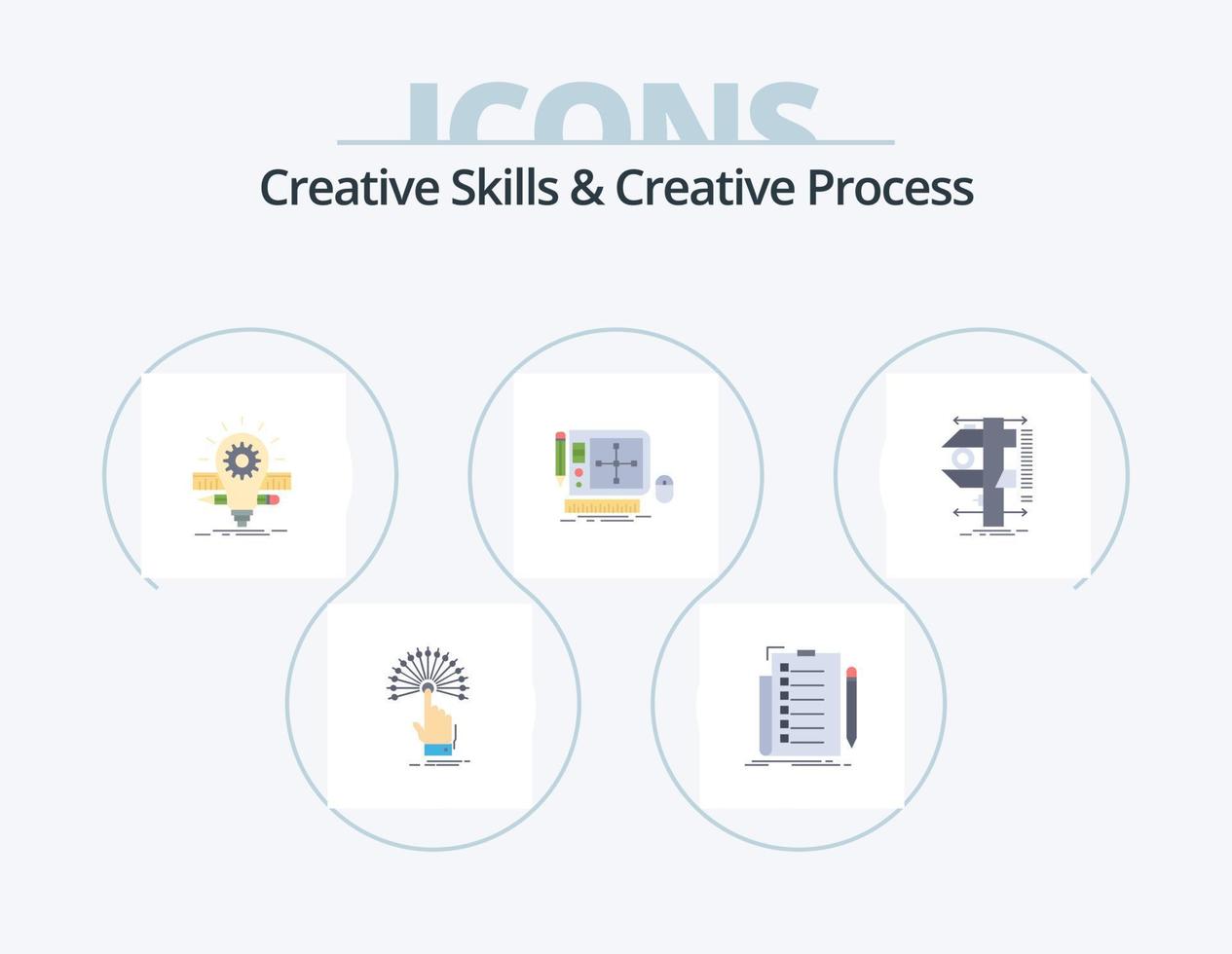kreativ Kompetens och kreativ bearbeta platt ikon packa 5 ikon design. grafisk. lista. skala. Glödlampa vektor