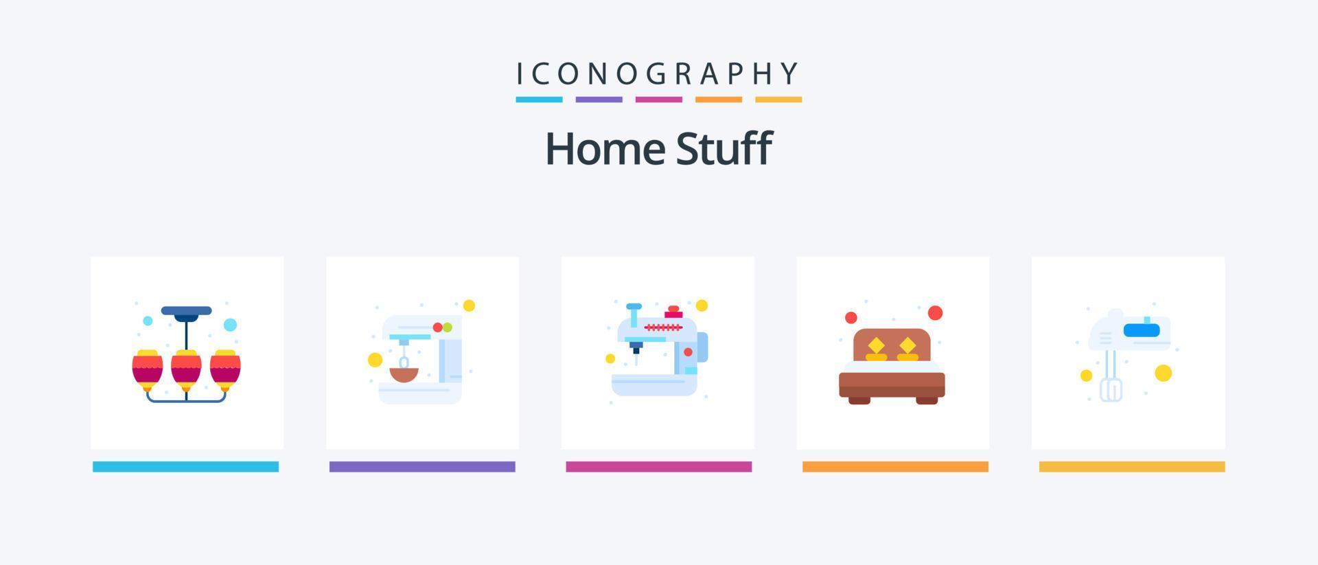 Hem grejer platt 5 ikon packa Inklusive kök. säng rum. apparat. rum. säng. kreativ ikoner design vektor
