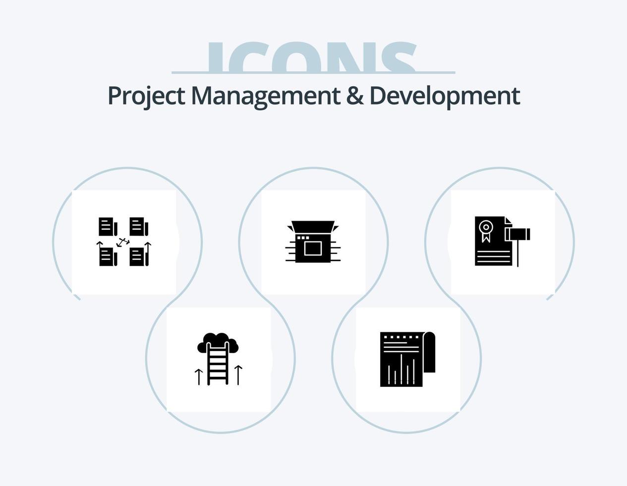 Projektmanagement und Entwicklung Glyph Icon Pack 5 Icon Design. Produkt. Geschäft. Bericht. Produktveröffentlichung . Daten vektor