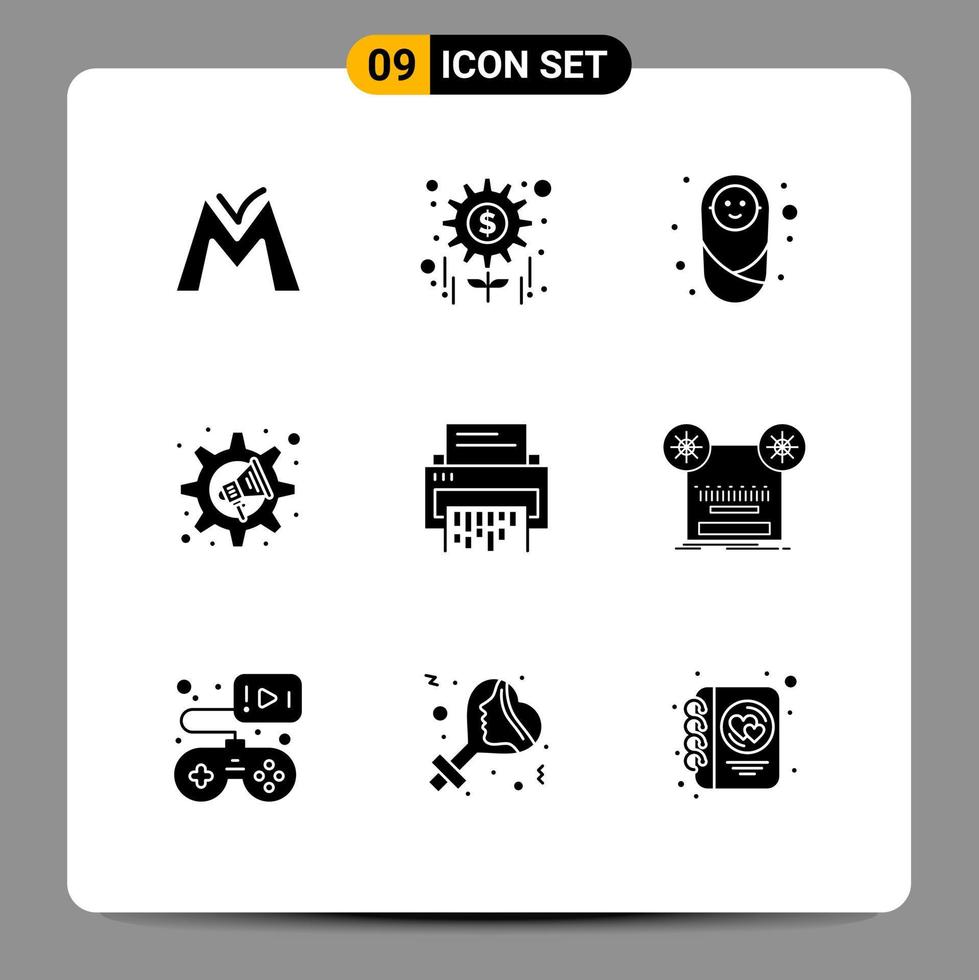 9 fast glyf begrepp för webbplatser mobil och appar data inställningar bebis högtalare marknadsföring redigerbar vektor design element