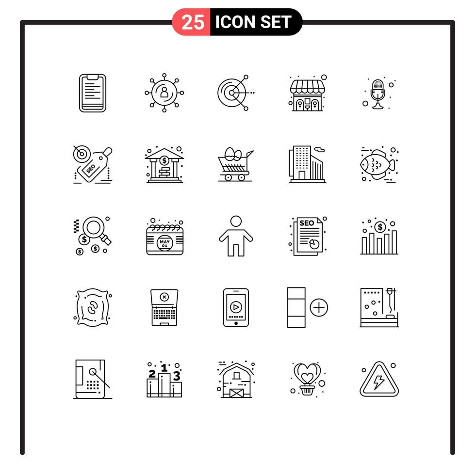Stock Vector Icon Pack mit 25 Zeilenzeichen und Symbolen für Mikrofon, WC, Seo, Toilette, Festplatte, bearbeitbare Vektordesign-Elemente