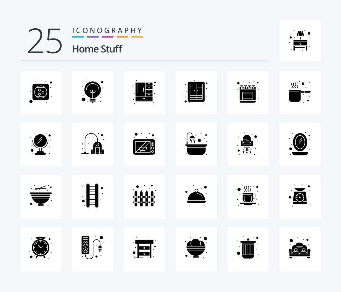 Hem grejer 25 fast glyf ikon packa Inklusive kök. möbel. skåp. kopp styrelse. garderob vektor