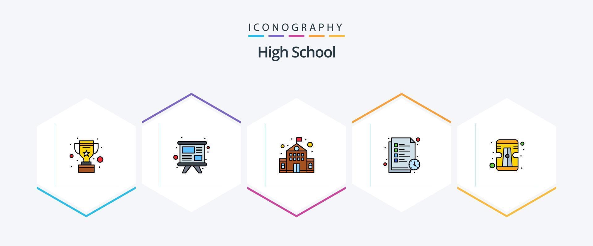 High School 25 Filledline Icon Pack inklusive Tool. Bleistift. Gebäude. Liste. Lernzeit vektor