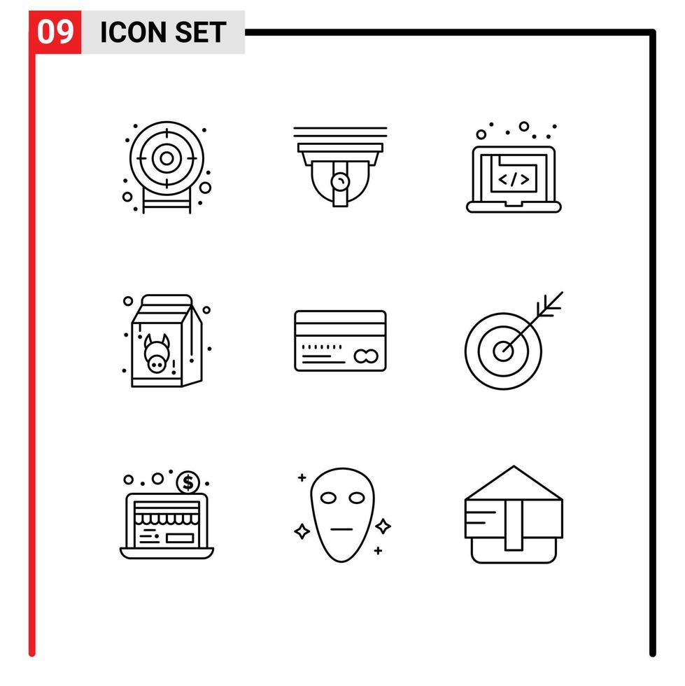 9 thematische Vektorumrisse und bearbeitbare Symbole für Kredite, gesunder Code, frische Ernährung, bearbeitbare Vektordesignelemente vektor