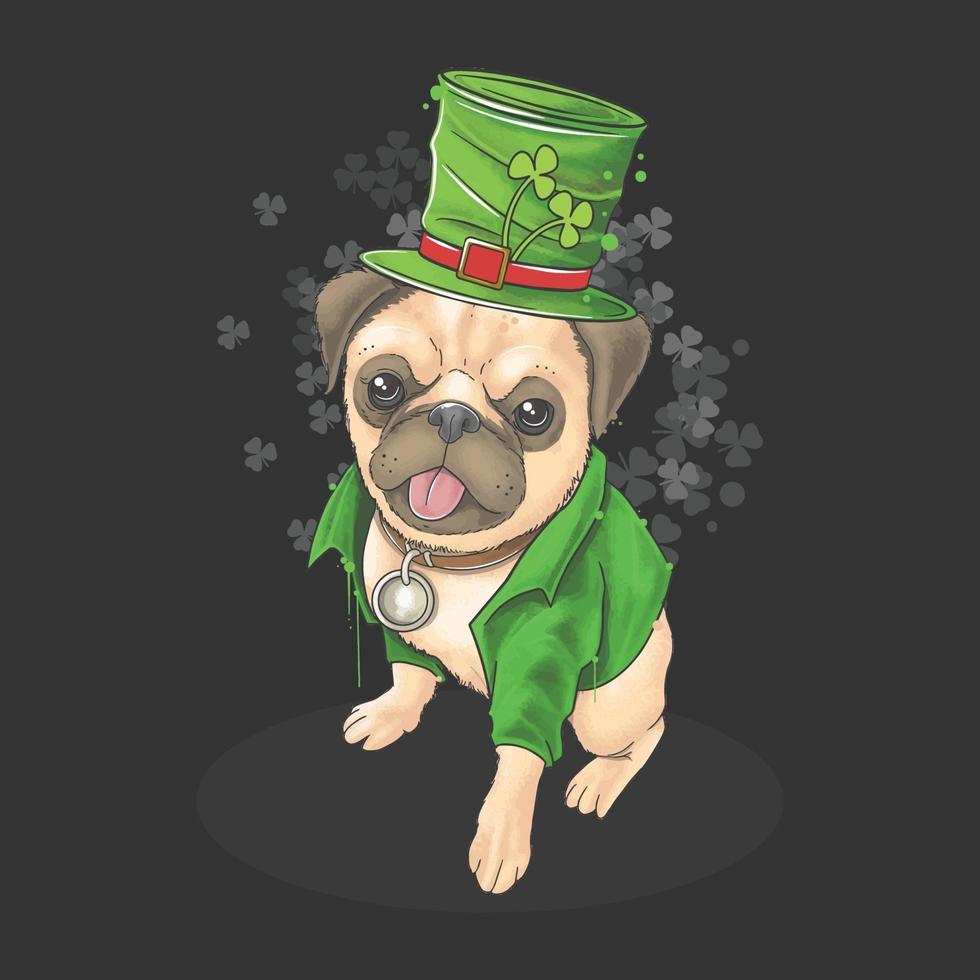 st. Patrick's Day Der Mops trägt einen süßen Hut und Anzug. Dieses Kunstwerk verwendet einen Aquarellstil mit bearbeitbaren Ebenenvektor vektor