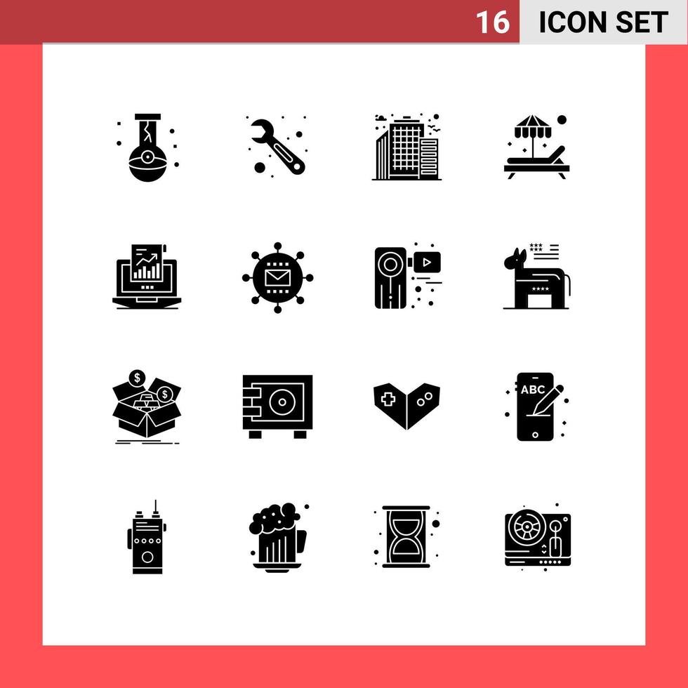 Packung mit 16 modernen Solid-Glyphen-Zeichen und -Symbolen für Web-Printmedien wie Laptop-Berichte, die Analytik-Paradiese bearbeiten, editierbare Vektordesign-Elemente vektor