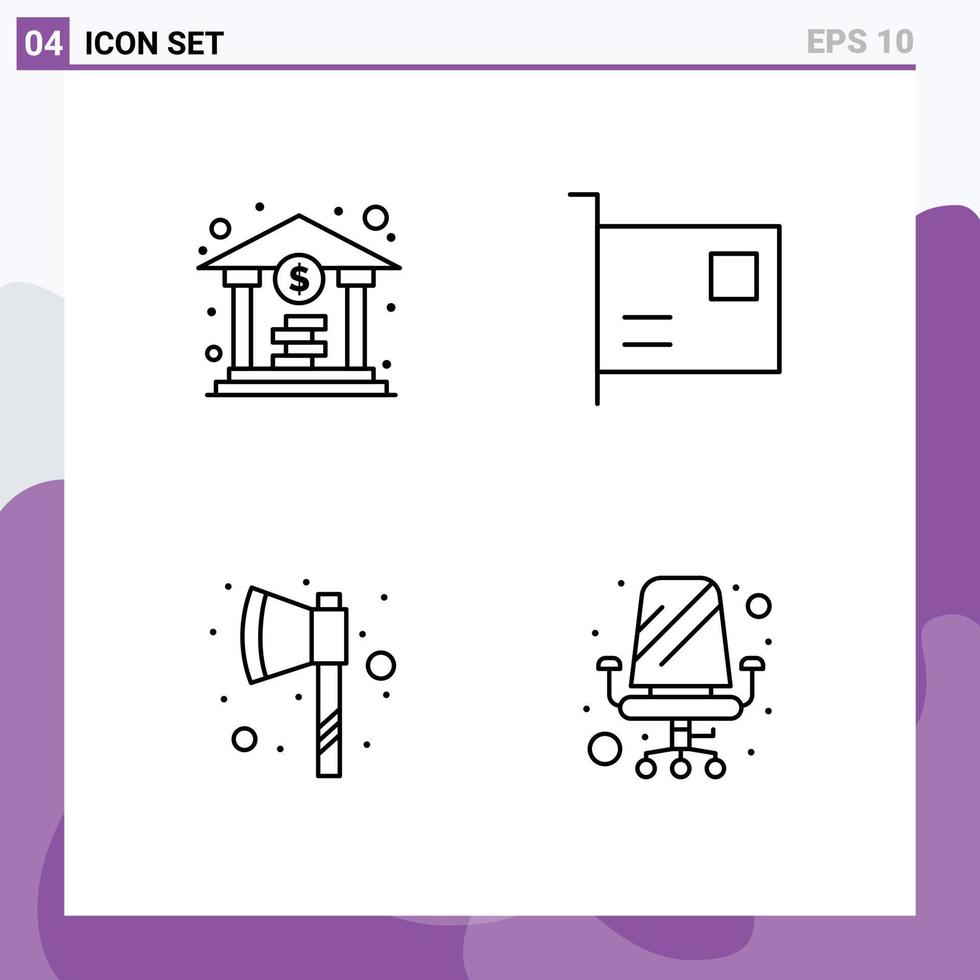 4 universell fylld linje platt färger uppsättning för webb och mobil tillämpningar Bank yxa kort grej stol redigerbar vektor design element
