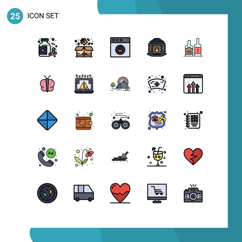 25 thematische, vektorgefüllte flache Linienfarben und editierbare Symbole der Getränkesicherheits-App-Sperre, Banking, editierbare Vektordesign-Elemente vektor