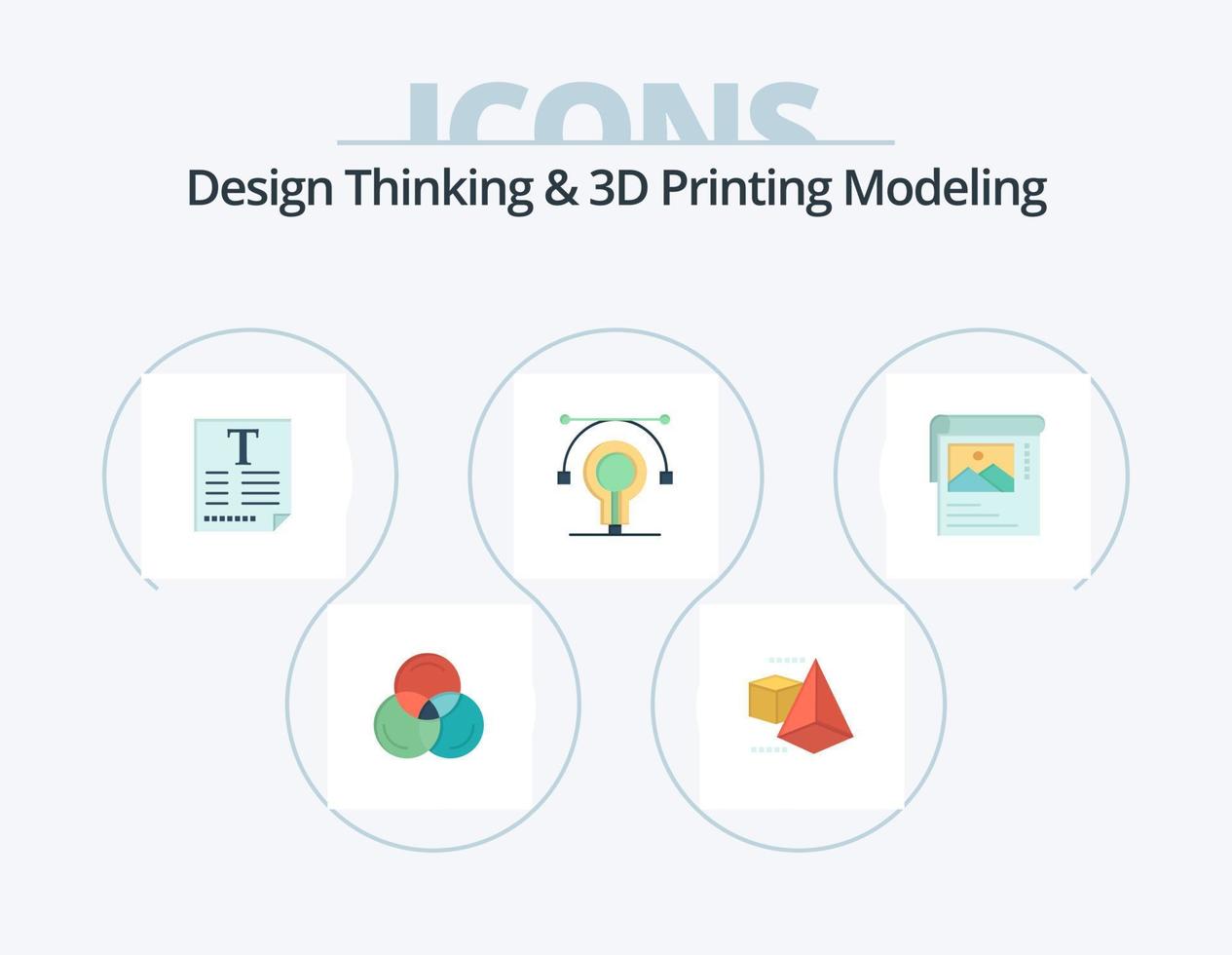 Design Thinking und D Printing Modellierung Flat Icon Pack 5 Icon Design. Brosher. Hintergrund. Poster. Reiniger. Idee vektor