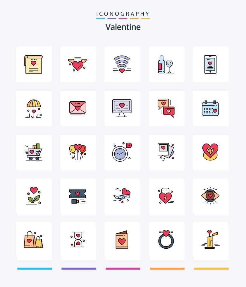 kreativer Valentinstag 25 Zeilen gefülltes Icon Pack wie Liebe. Liebe. W-lan. Glas. trinken vektor