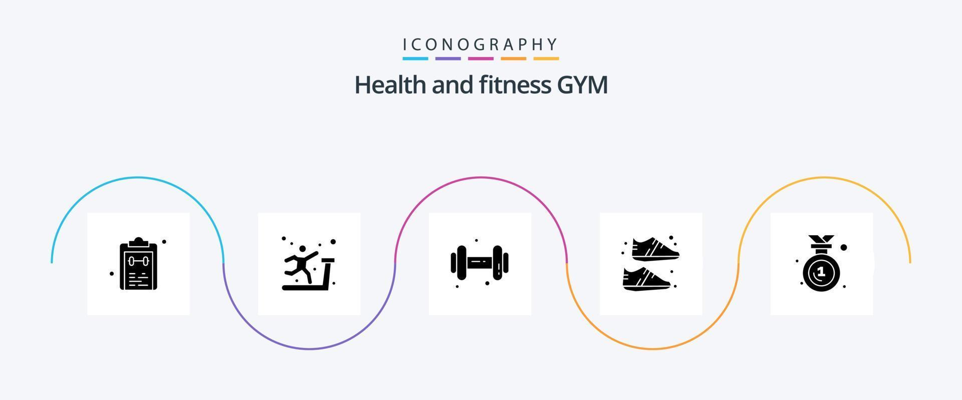 Gym Glyph 5 Icon Pack inklusive Badge. sportlich. Laufband. Schuh. Kleidung vektor